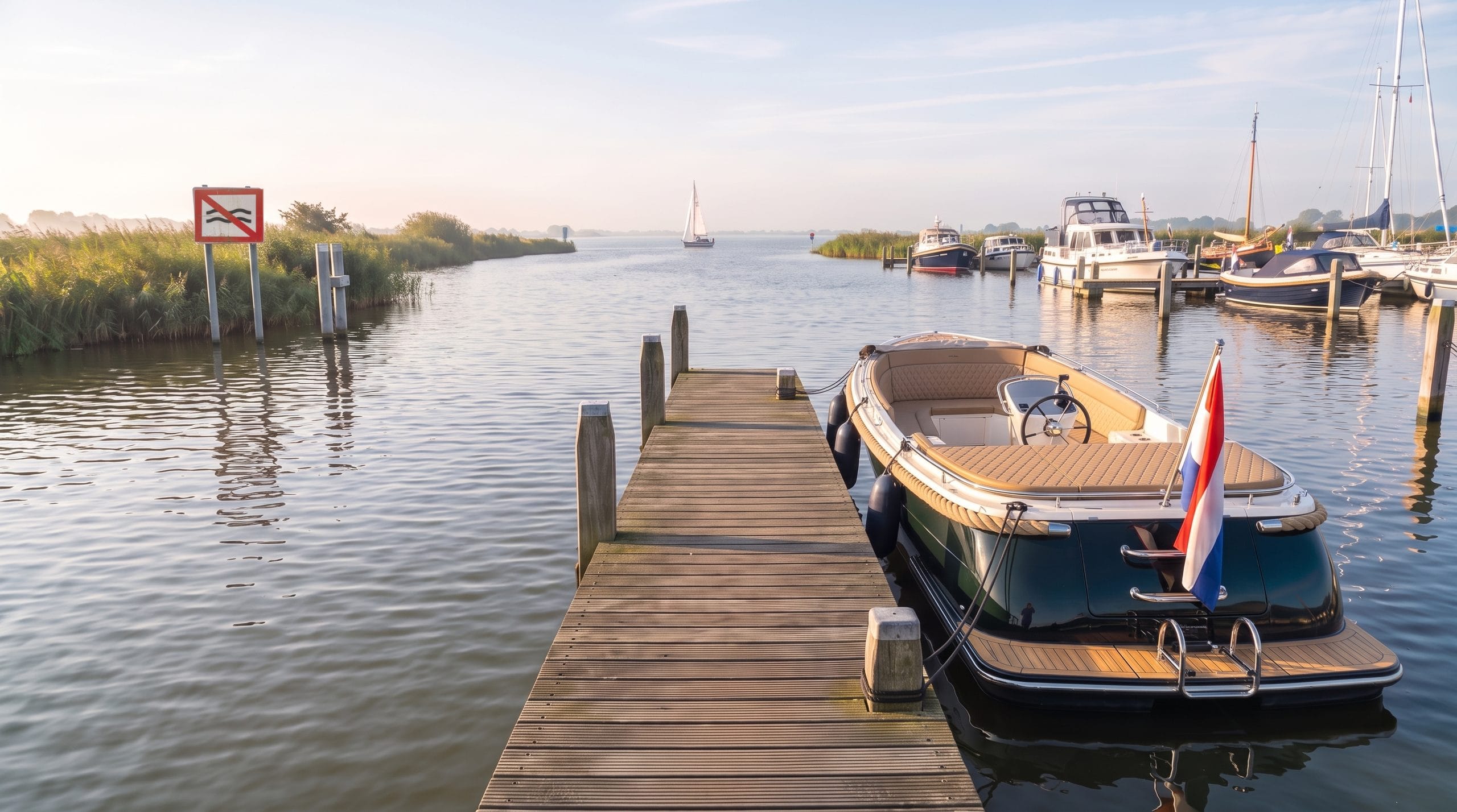 Sloep aan een houten steiger op rustig Nederlands binnenwater in ochtendlicht